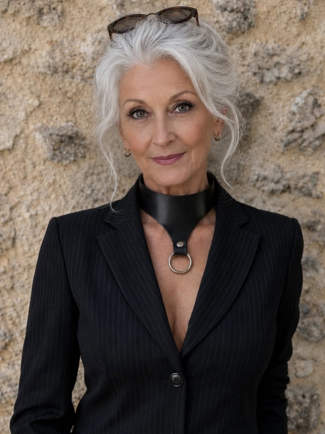 Elegante Frau mit schwarzem Blazer und italienischem Lederaccessoire von XMORENIUM-NERO – zeitloser Stil und Persönlichkeit.