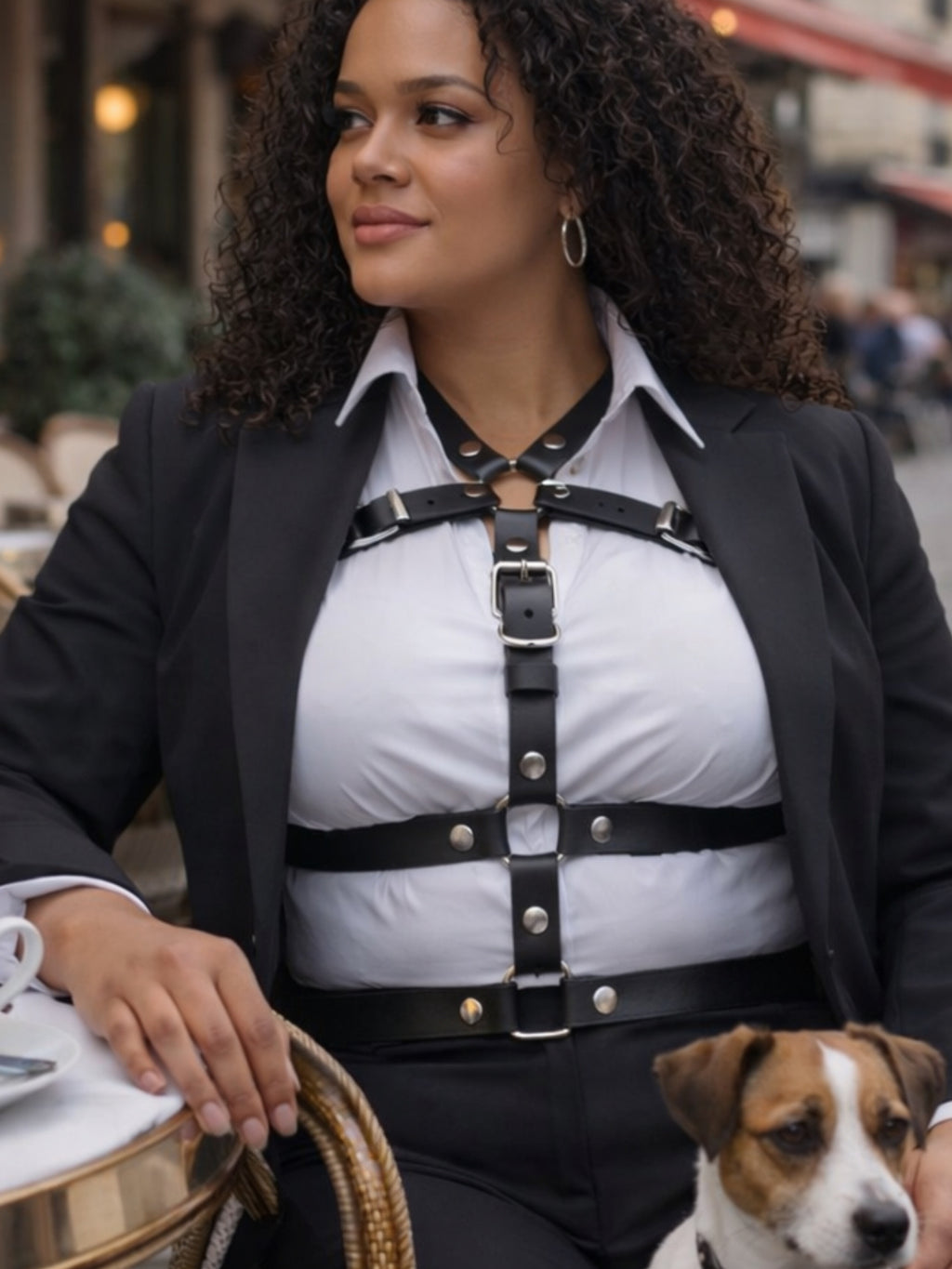 Attraktive Frau trägt BlackTulipXXL Leder Accessoire in Schwarz über weißer Bluse mit schwarzem Jacket zur schwarzen Hose, sitzend mit Jack Russell Terrier – XMORENIUM-NERO