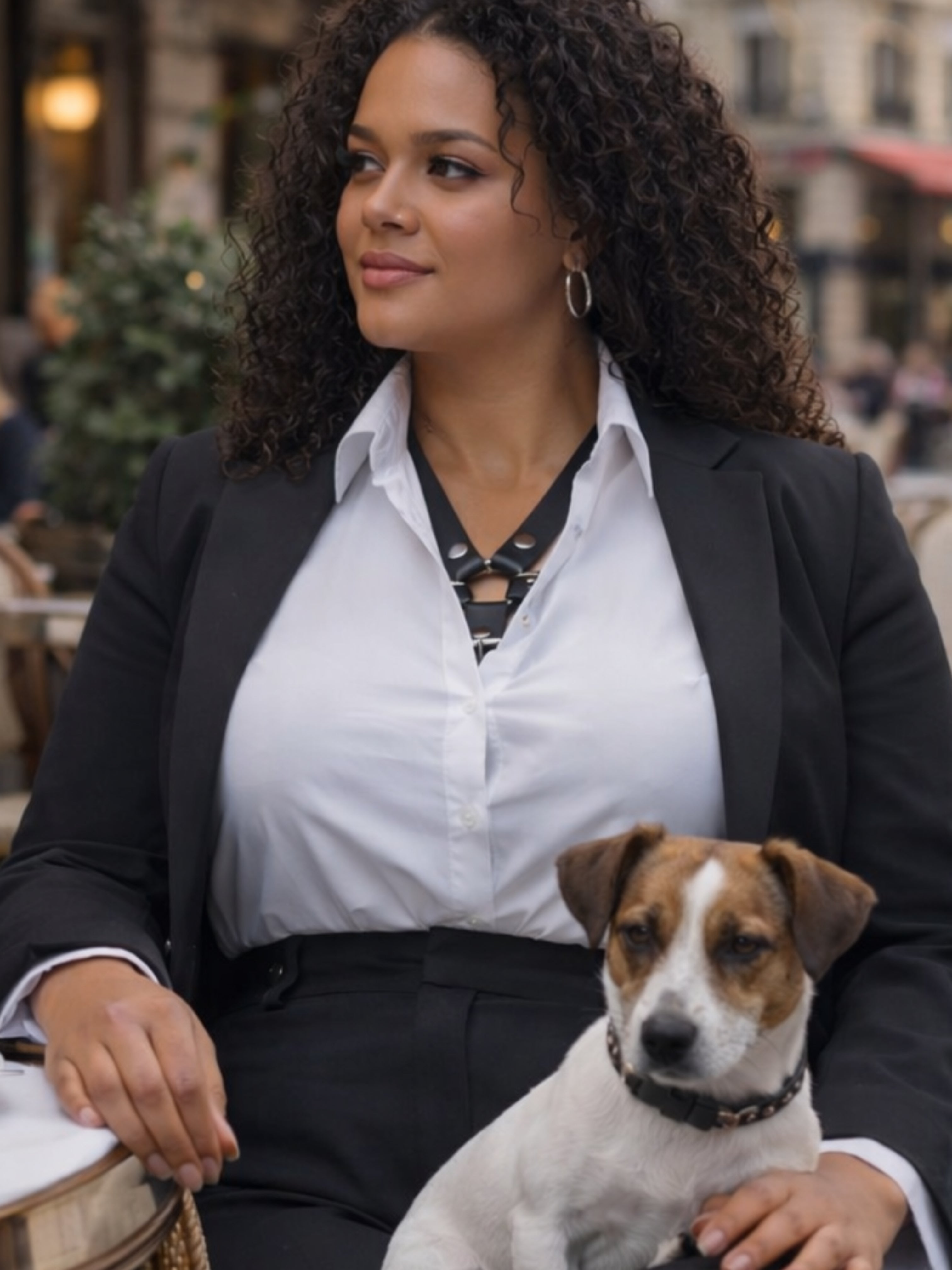 Attraktive Frau trägt BlackTulipXXL Leder Accessoire in Schwarz unter einer weißen Bluse mit schwarzem Jackett zur schwarzen Hose, sitzend mit Jack Russell Terrier – XMORENIUM-NERO